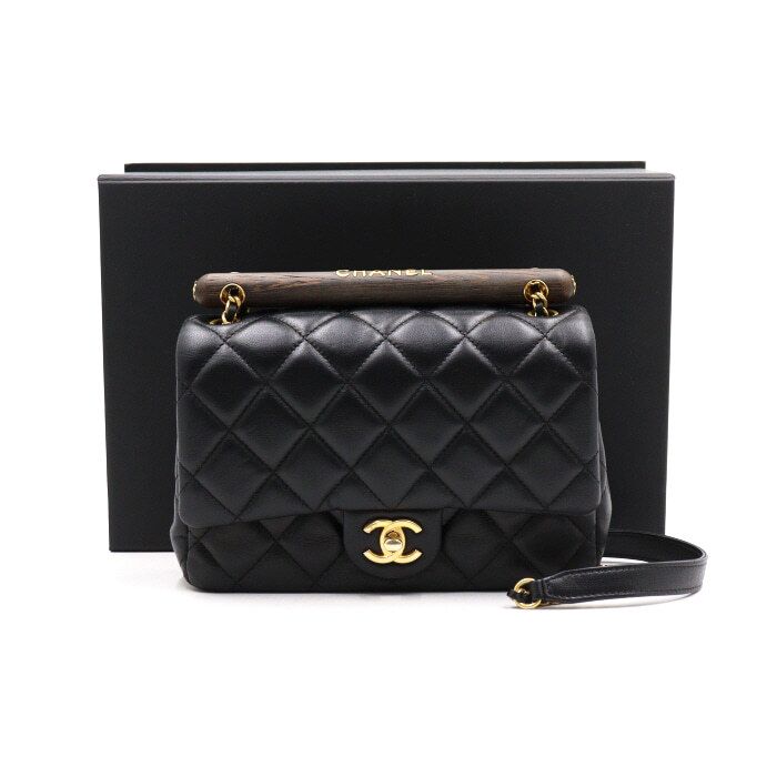 CHANEL Black Lambskin CC Wood Handle Gold Chain Tote Bag Crossbody aa48734
