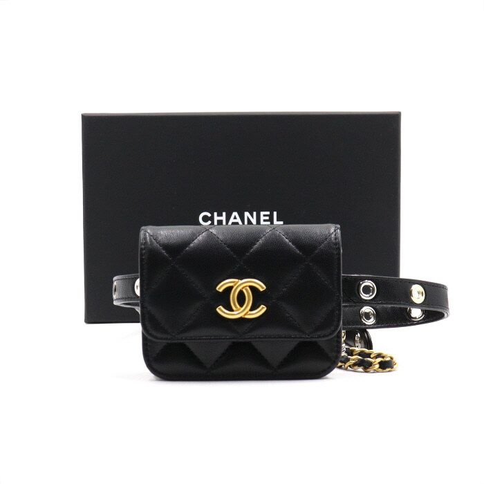 CHANEL Black Lambskin CC Chain Waistbag with Flap Beltbag Crossbag AP2549