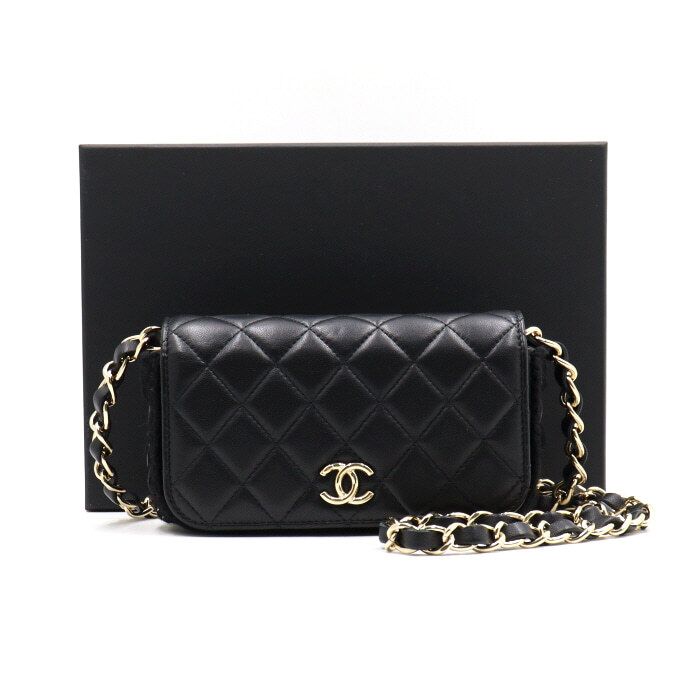 CHANEL Lambskin Chain Flap Pouch Shoulder Crossbag Black CC AroundChain Gold AP2533 aa47543