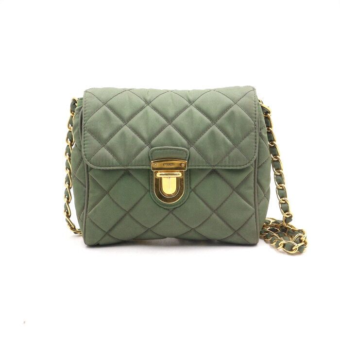 Prada Quilted Khaki Mini Lock Shoulder Bag with Chain Strap BP0623