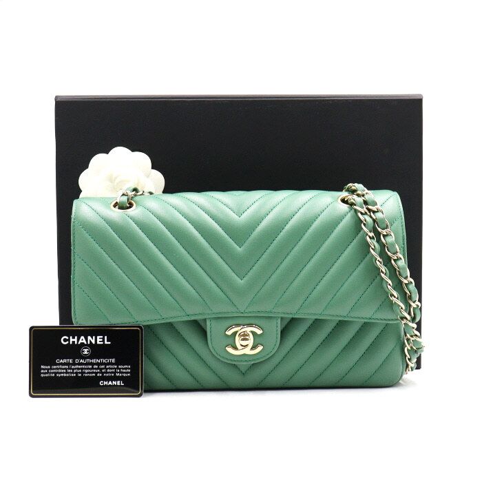 CHANEL Green Lambskin Chevron Classic Medium Champagne Gold CC Chain Shoulder Bag AA47270