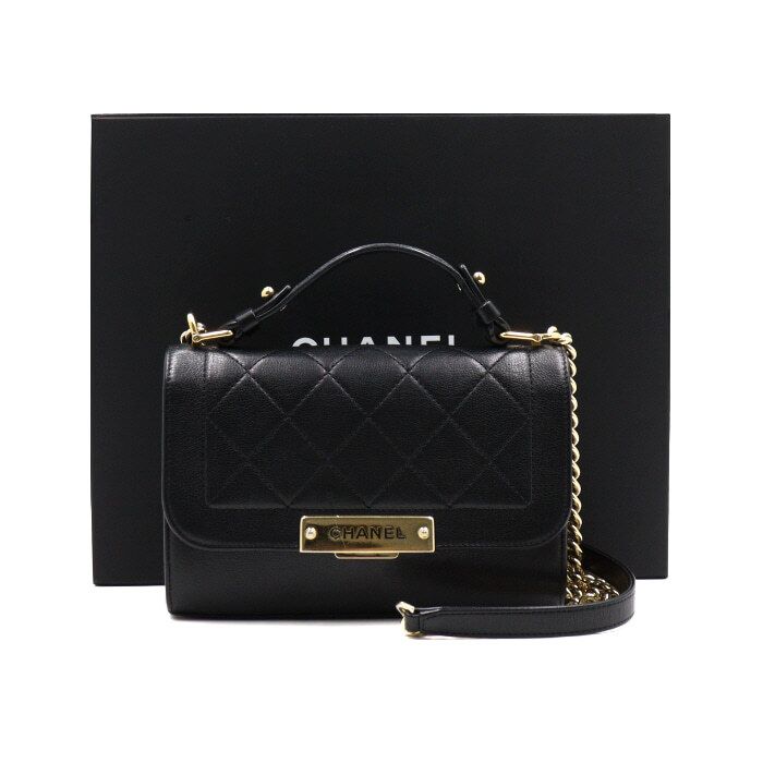 CHANEL Black Calfskin Label Click Small Top Handle Chain Shoulder Bag Crossbody aa47967