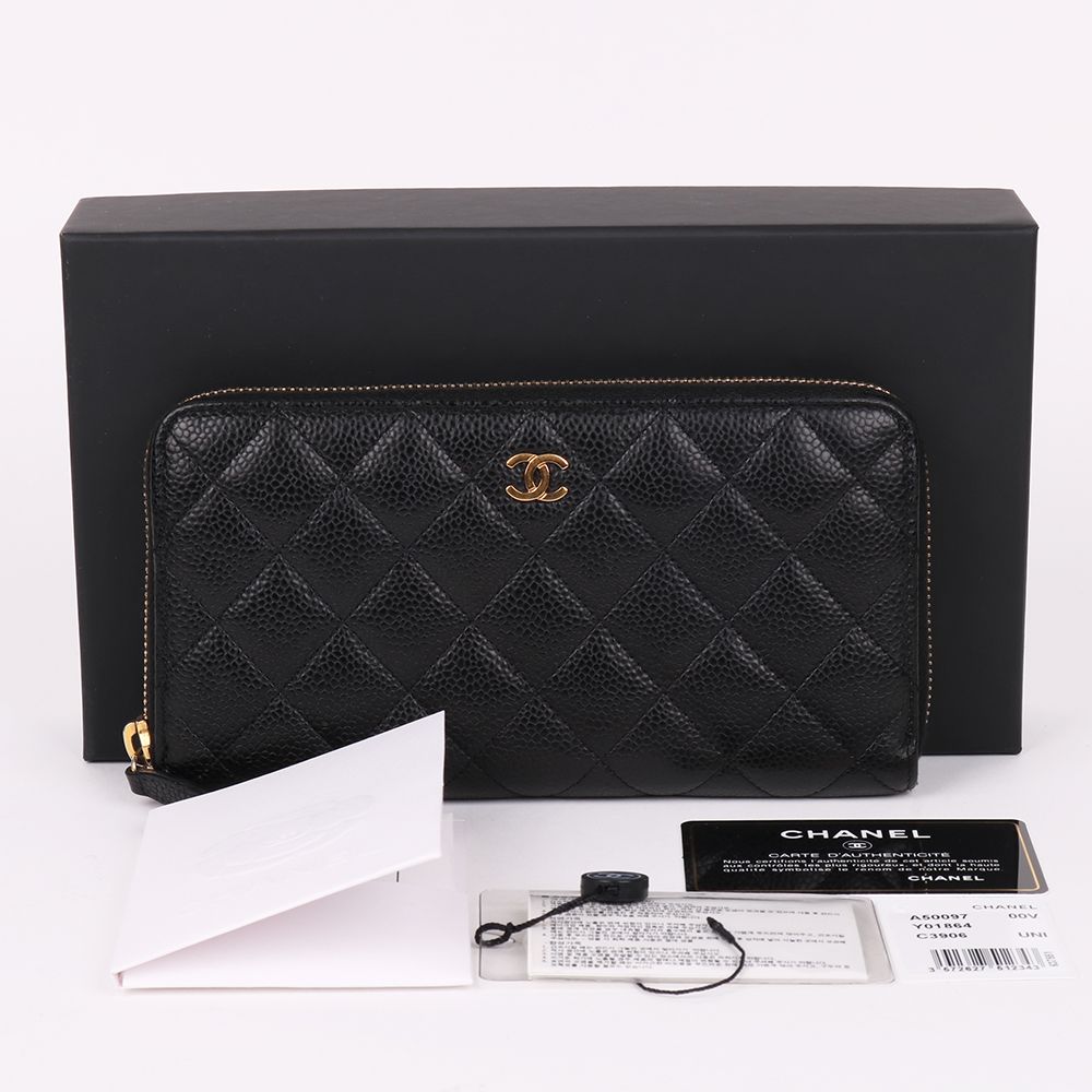 CHANEL Caviar Black Zipper Long Wallet CC Gold Detail SKU21