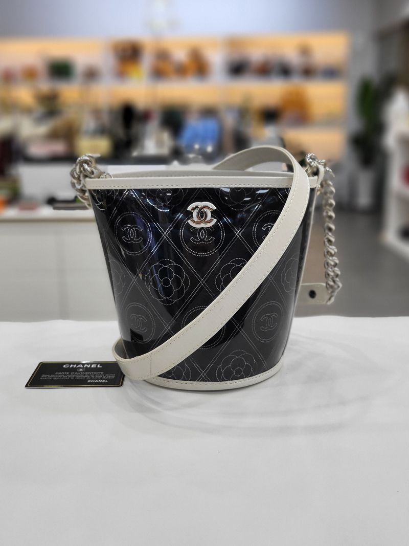 CHANEL Camellia PVC Small Bucket Bag Size 25