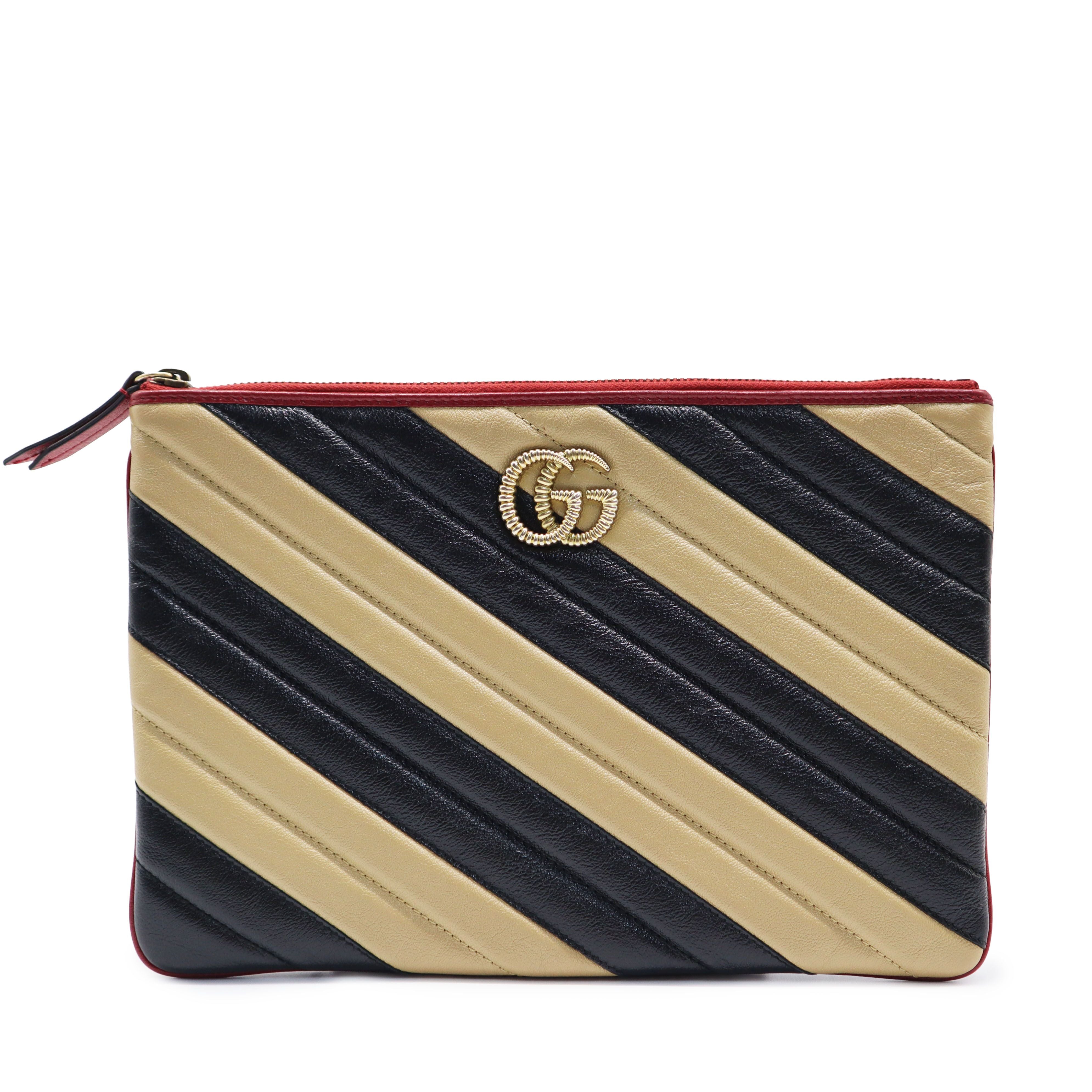 Gucci Limited Ivory Navy Two-Tone Matelass Chevron Embellished GG Marmont Clutch 573814