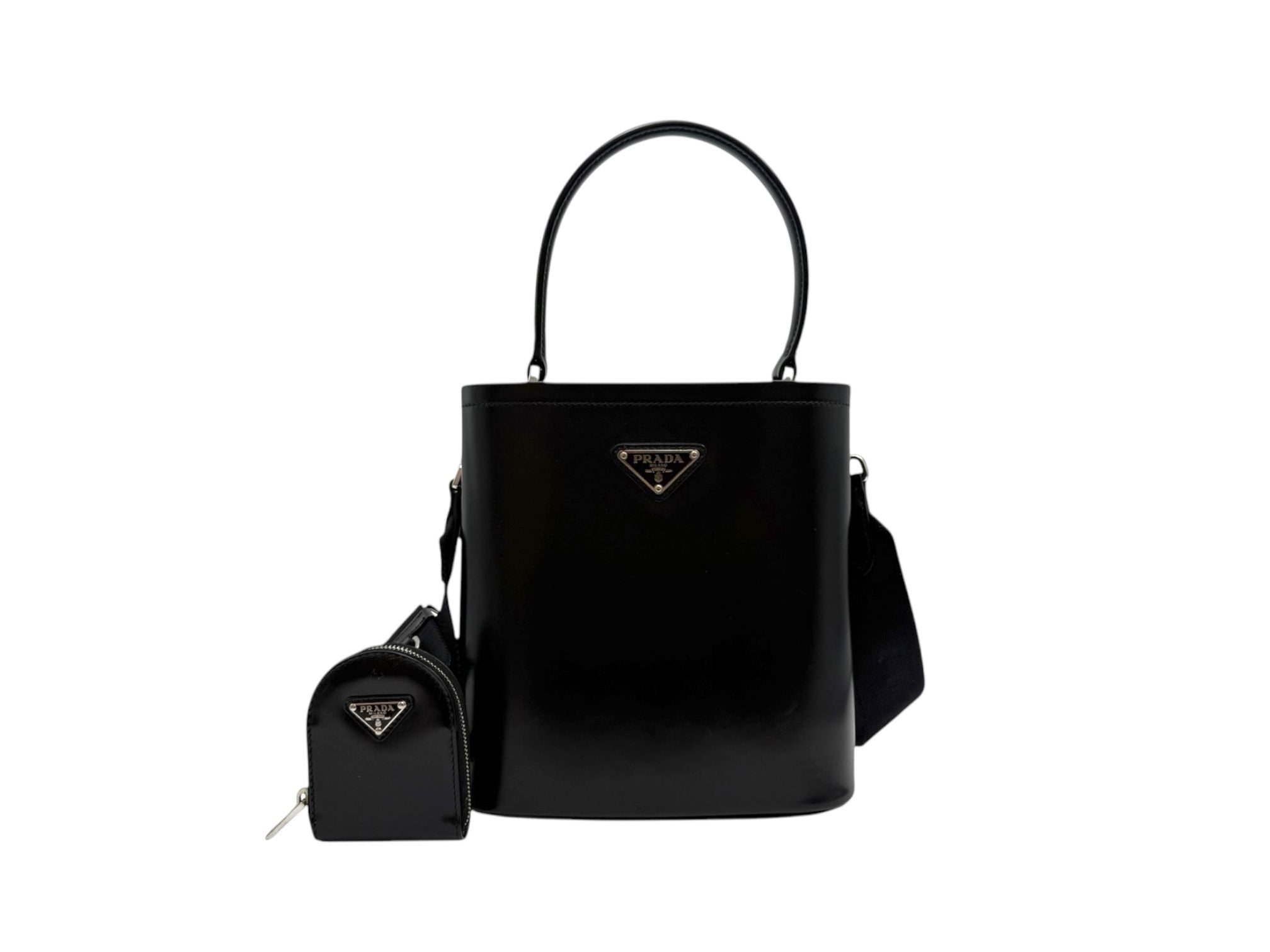 Prada Brushed Panel Bucket Bag 1BA319 Black