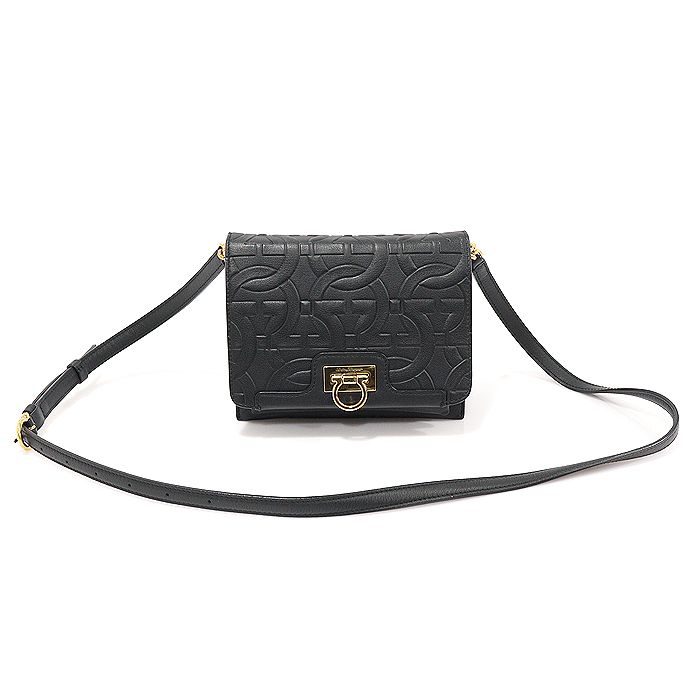 Salvatore Ferragamo Embossed Calfskin Gold Accent Crossbody Bag 21 I308 Black SKU EP70428FE