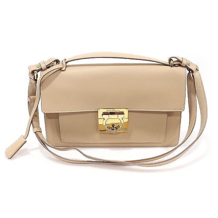Salvatore Ferragamo Beige Calfskin Gold Accent Gancini Aileen Medium 2WAY Bag 21 G179 SKU: EP87147FE