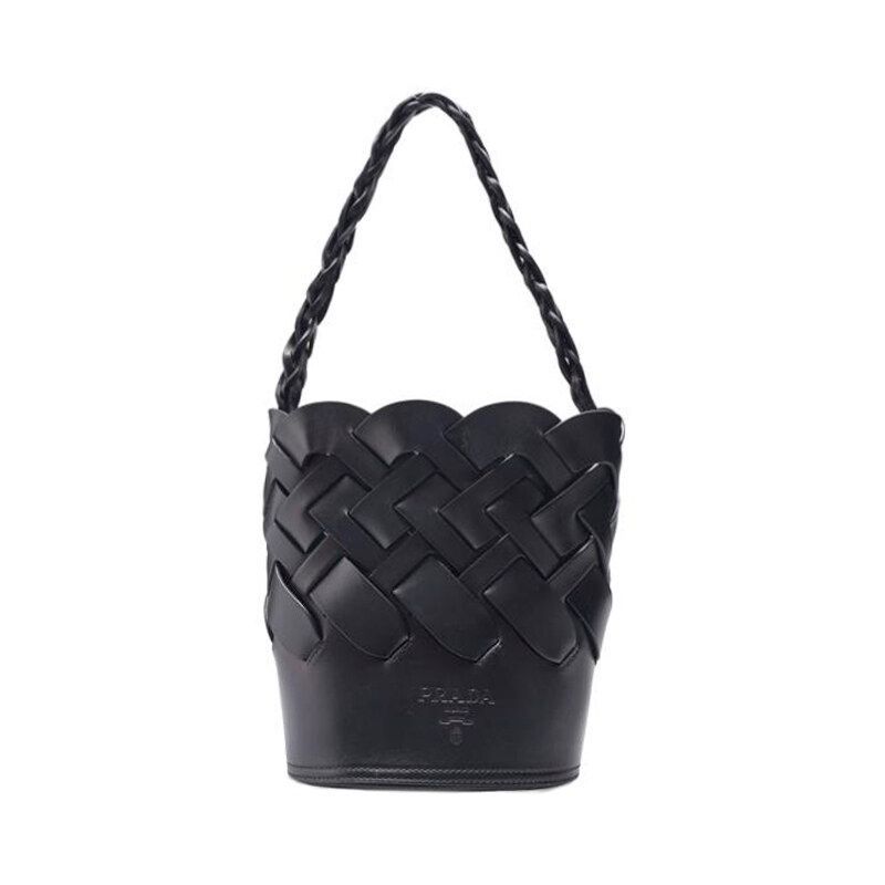 Prada Black Intreccio Woven Bucket Shoulder Bag - SKU849205