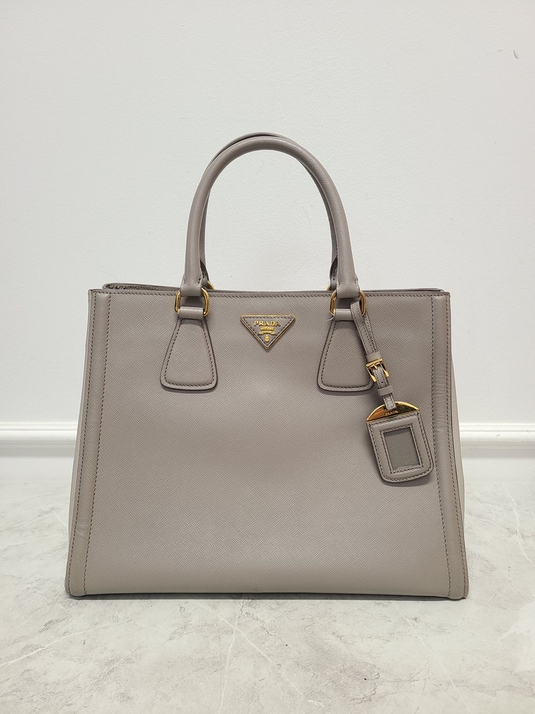 Prada Gray Saffiano 2-Way Luxe Tote Shoulder Bag SKU