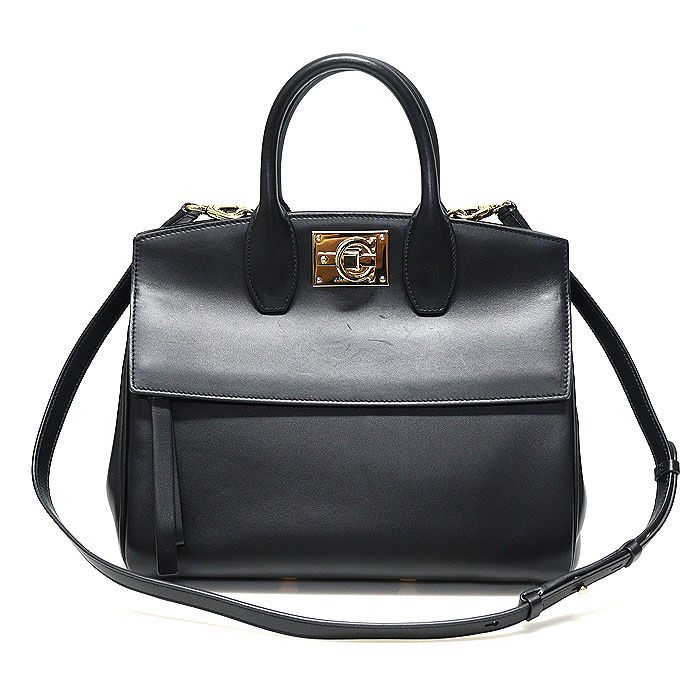 Salvatore Ferragamo Black Calfskin Gold Chain Studio Small 2WAY Bag 21 H159