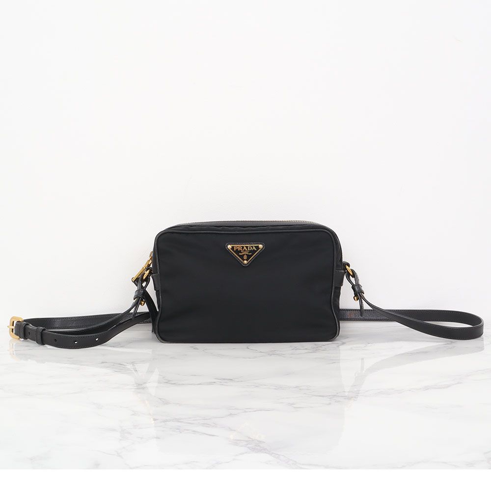 Prada Black Textured Nylon Golden Square Camera Crossbody Bag 1BH089