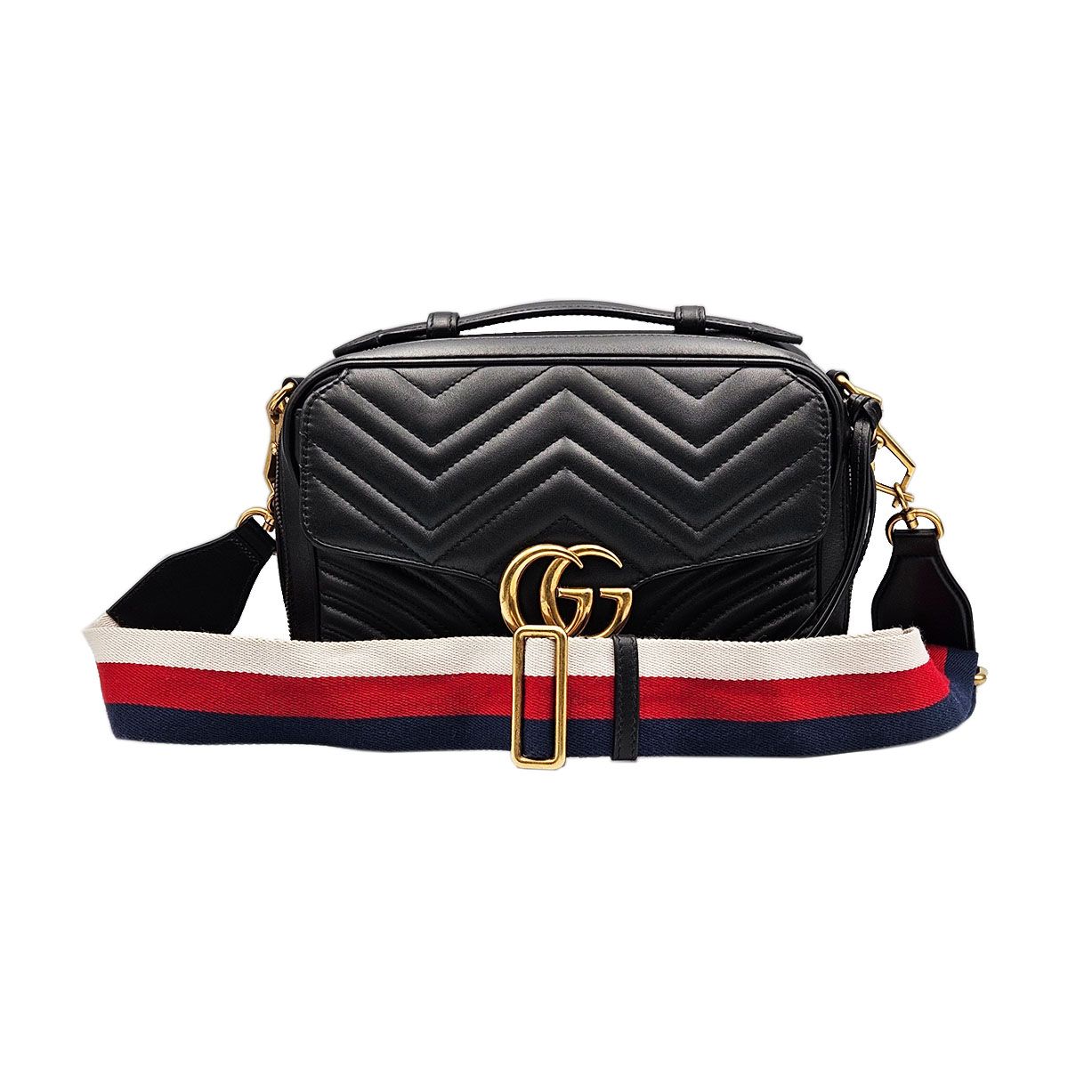 Gucci Black Matelass Chevron Web Strap GG Mamont Small Top Handle 2WAY 498100