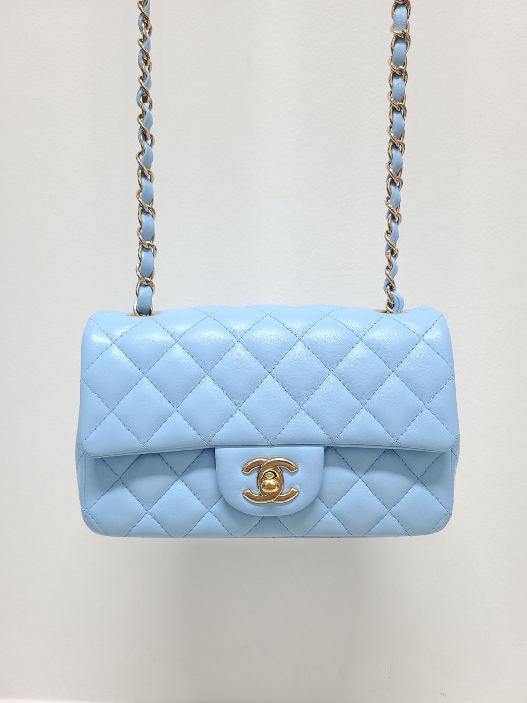 CHANEL Blue Champagne Gold Lamb Skin Classic Mini with Embedded Chips SKU12345