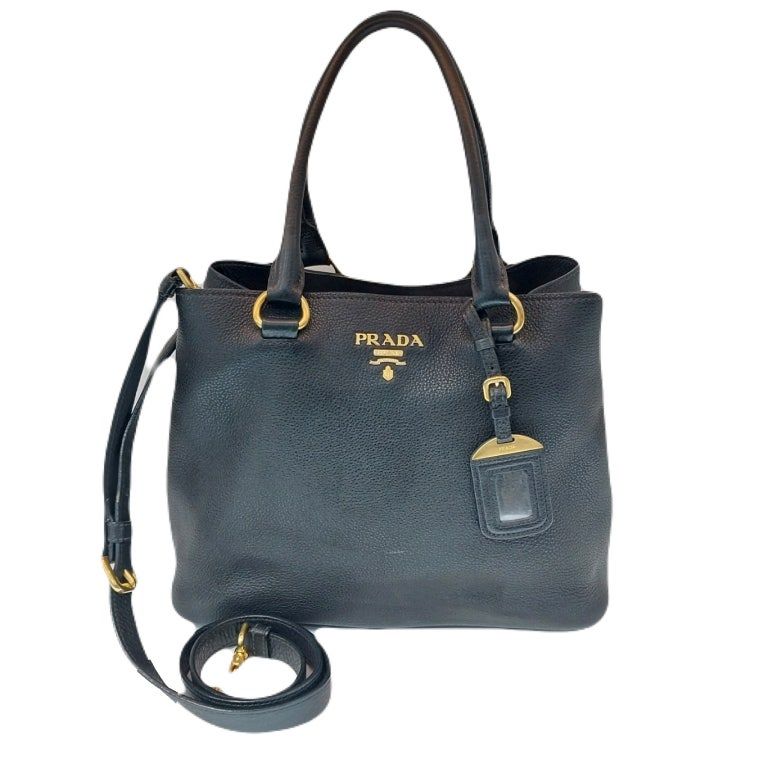 Prada Black Leather Tote Shoulder Bag with Gold Logo 1BA058
