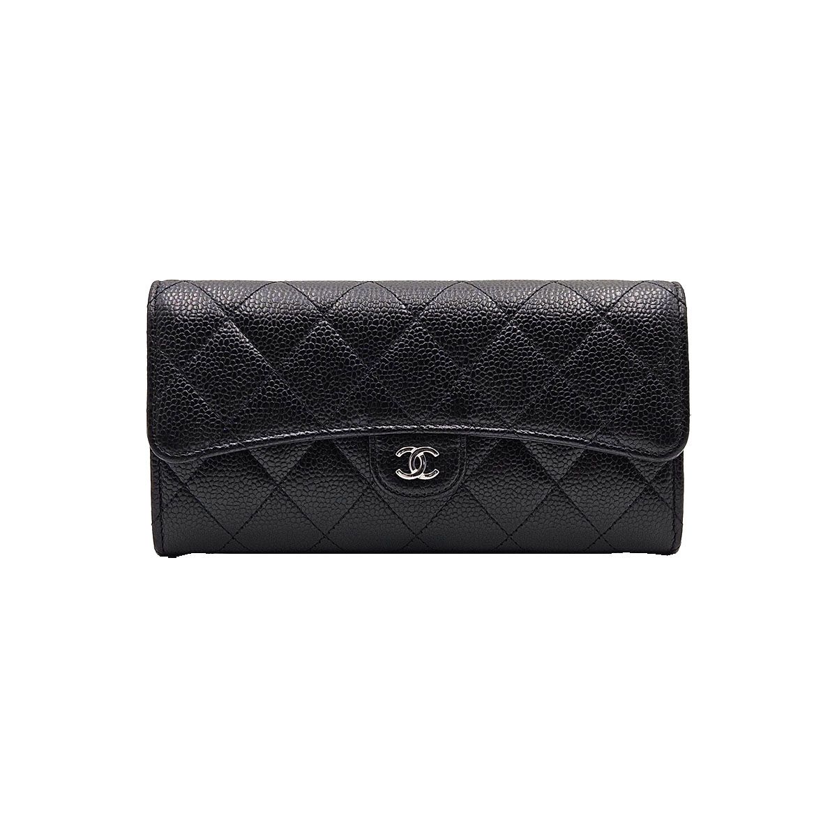 CHANEL Classic Long Flap Wallet in Black Caviar Leather with CC Logo - AP0241