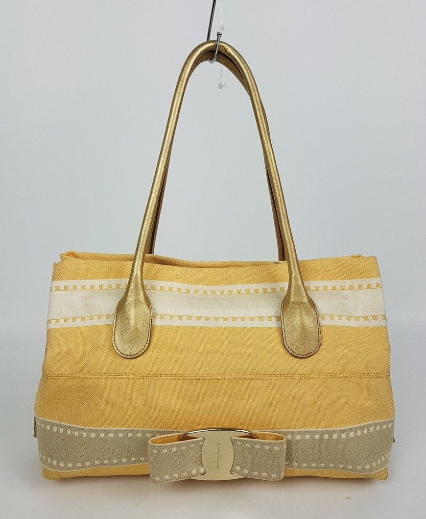 Salvatore Ferragamo Canvas Shoulder Bag with Bar Decor SKU123