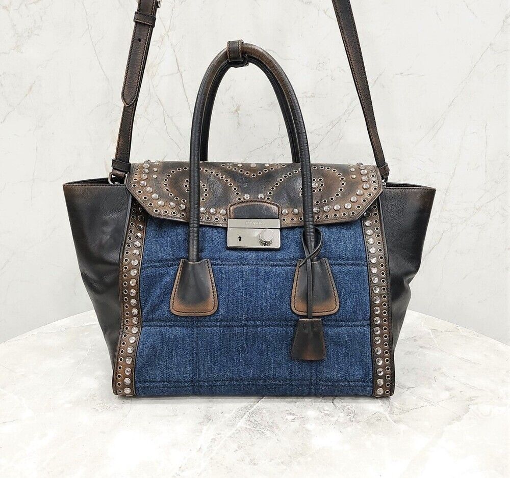 Prada Denim Punching Stud Leather Tote Shoulder Bag - SKU