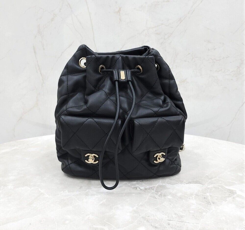 CHANEL Drawstring Bucket Bag Black with Internal Chip AS4342