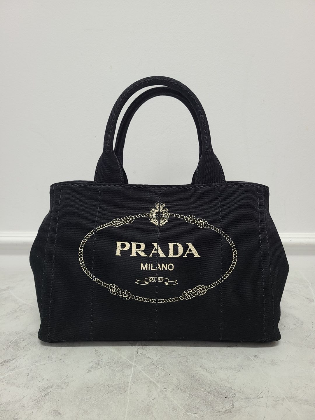 Prada Black Cotton Canvas Logo Tote Shoulder Bag SKU: OS