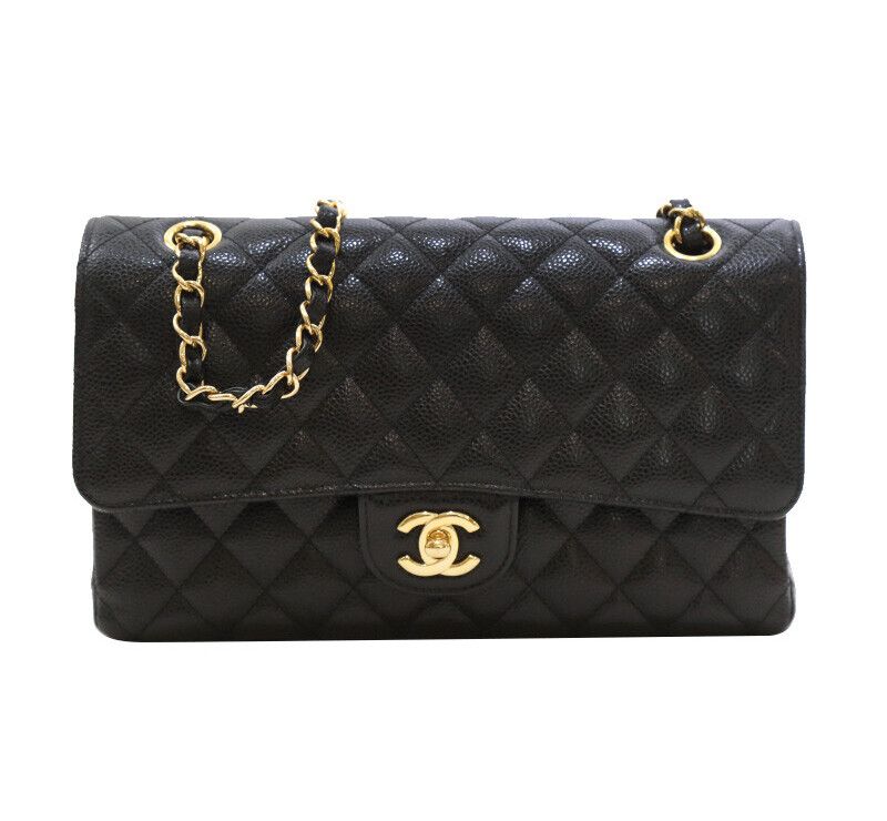 CHANEL Caviar Classic Medium Chain Shoulder Bag Black with Gold Accents A01112 7363232807