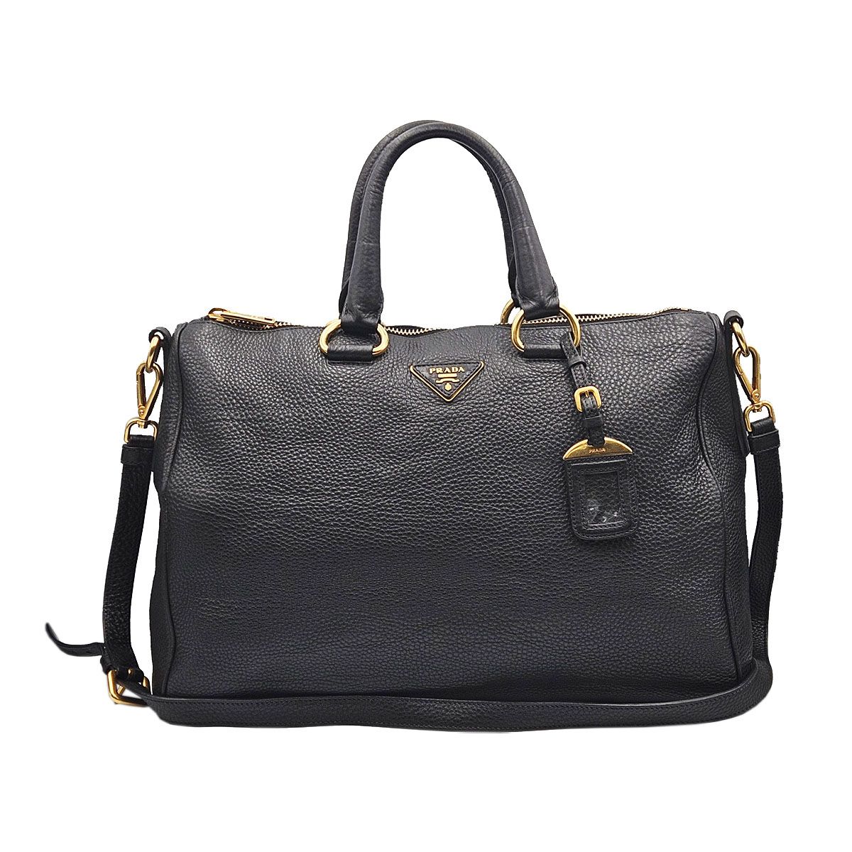 Prada Black Vitello Daino Gold Logo 2WAY Bag BL778M