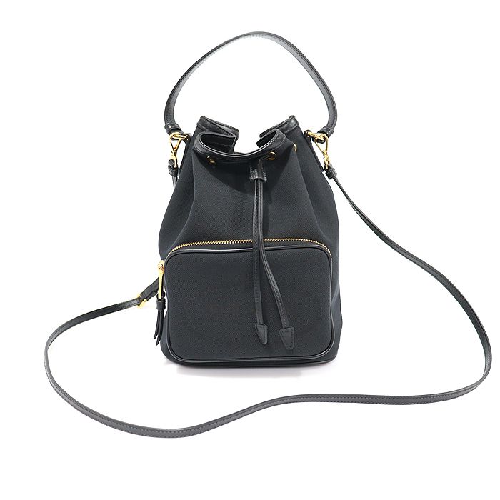 Prada Black Jacquard Leather Trimmed Small Bucket Bag 2WAY 1BH038