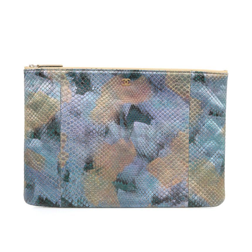 CHANEL Python Clutch Multicolor Gold CC Logo Zipper Pouch 22XXXXX