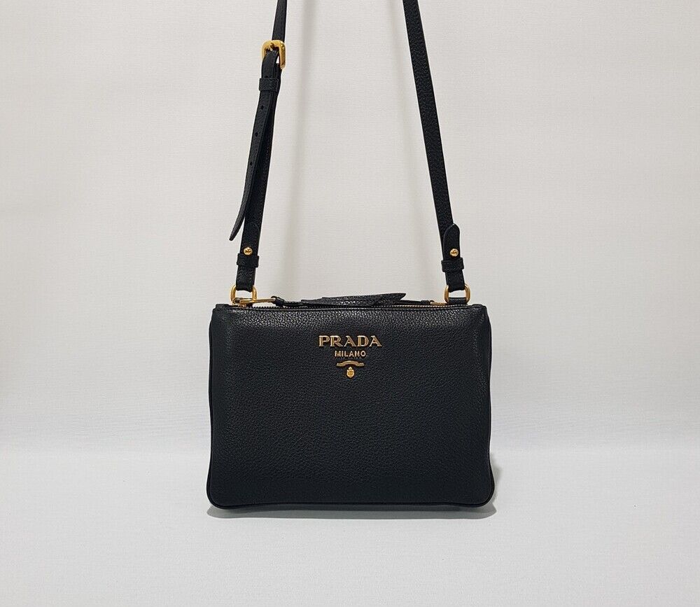Prada Black Leather Double Zip Crossbody Bag 1BH046