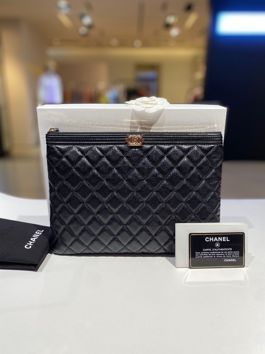CHANEL Boy Caviar Neodium Clutch Champagne Gold 30 Number Range Display Grade A84406