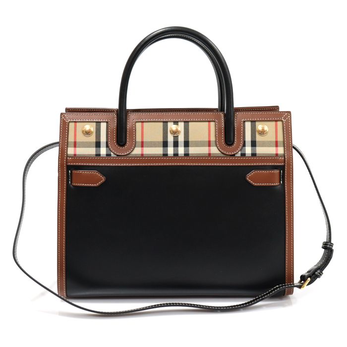 Burberry Vintage Check Black Leather 2WAY Small Tote Handle Bag 8025269
