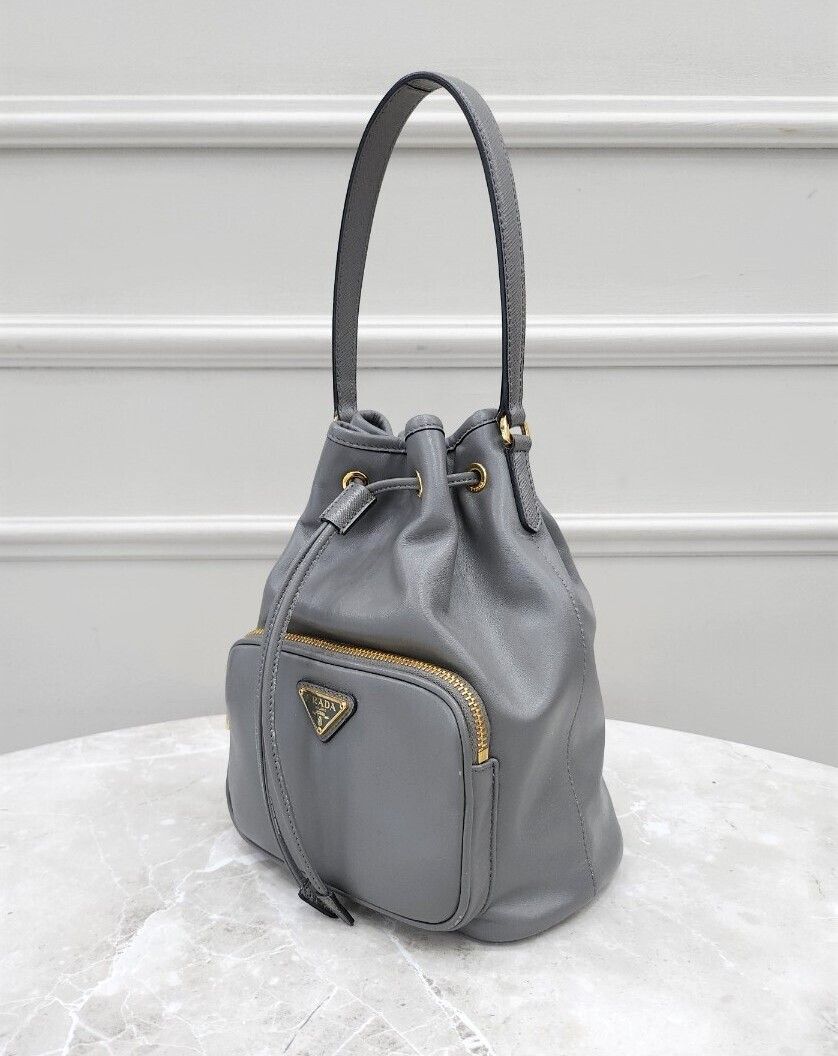 Prada Charcoal Gold Triangle Logo Leather Bucket Bag SKU123