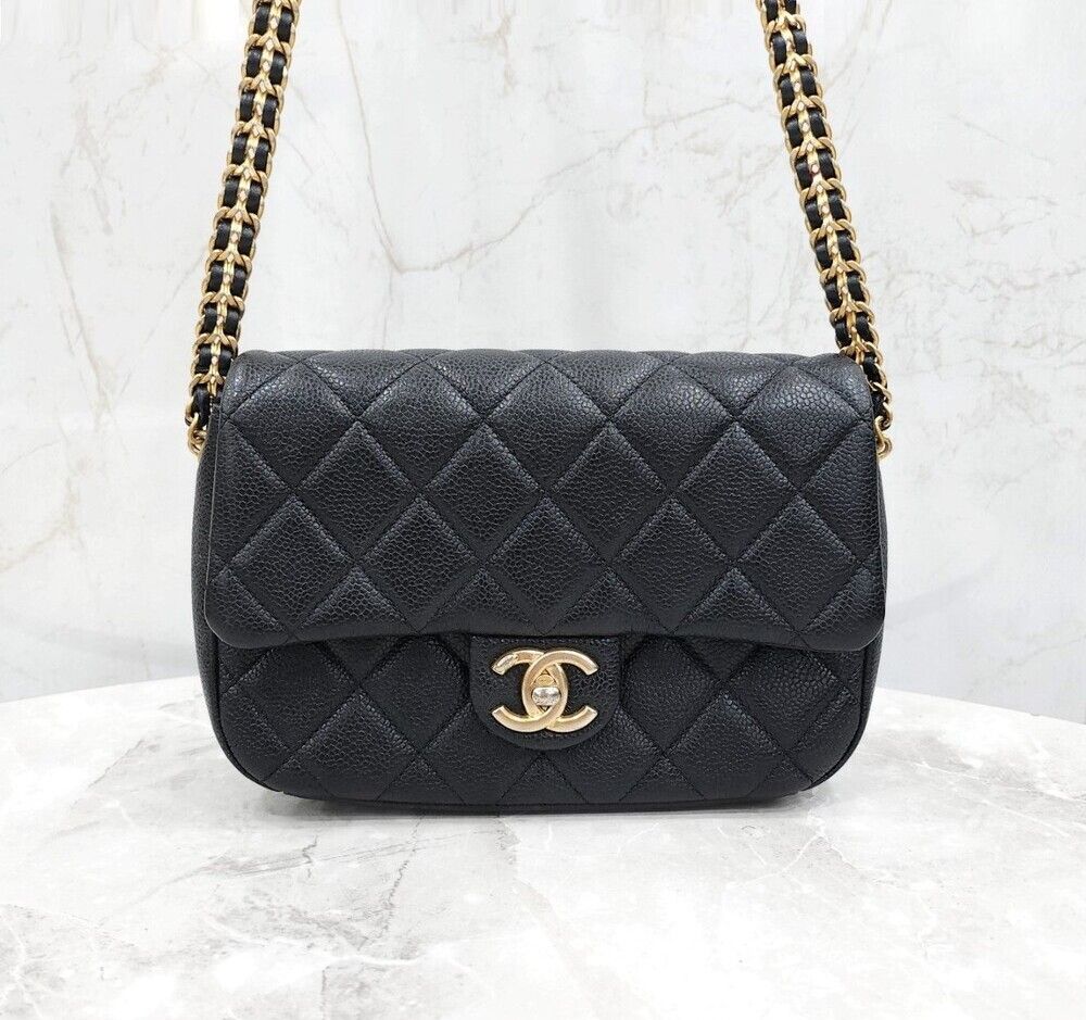 CHANEL Black Caviar Flap Small Chain Bag New Inlay Chip AS2528