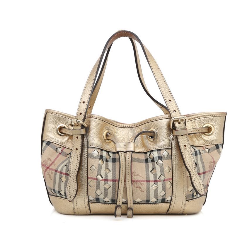 Burberry Gold Check Drawstring Shirring Bucket Shoulder Tote Bag [SKU]