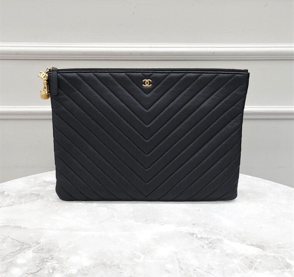 CHANEL Chevron Caviar Clutch Gold Large 25th