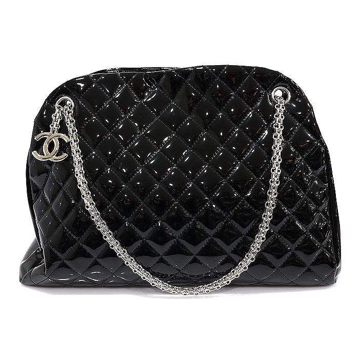 CHANEL Black Patent Quilted Chain Just Mademoiselle Bowling Large Shoulder Bag (Size 15) A49855