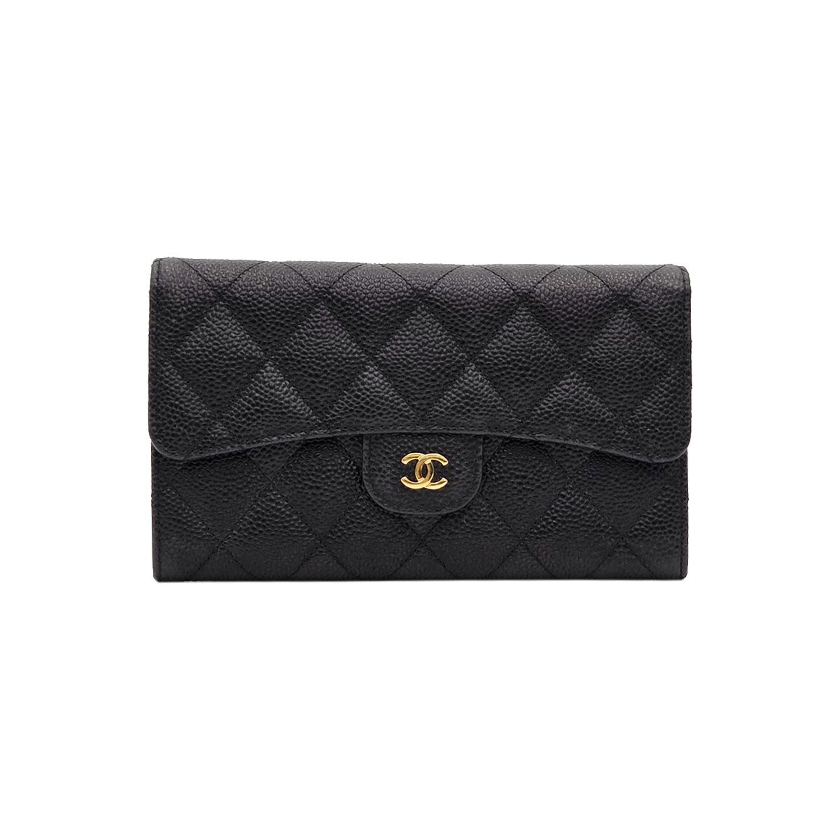 CHANEL Classic Flap Wallet with Black Caviar and Gold CC Logo (Size 21) - A31506