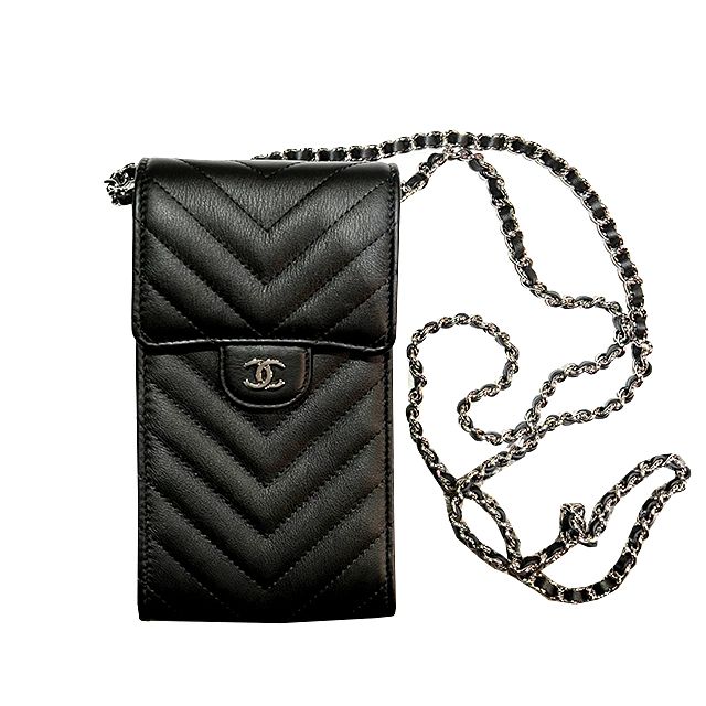 CHANEL Chevron Mini Phone Case Crossbody Bag (Silver / Black) - 22SS