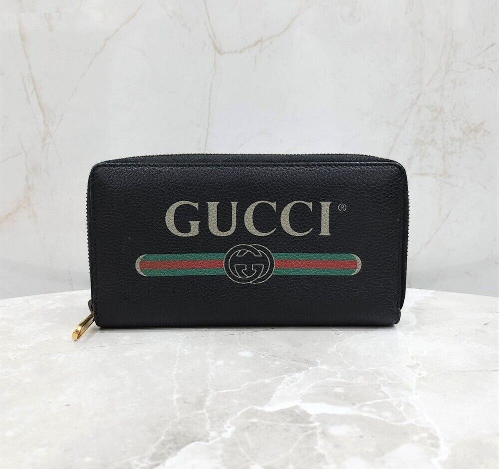 Gucci Black Logo Printing Leather Zip Wallet - SKU