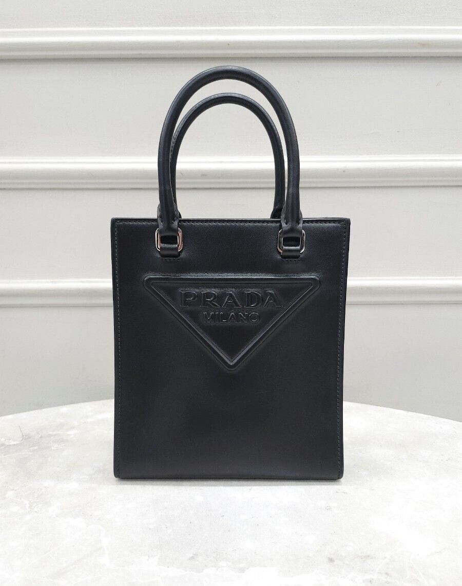 Prada Embossed Triangle Logo Leather Tote Bag SKU123