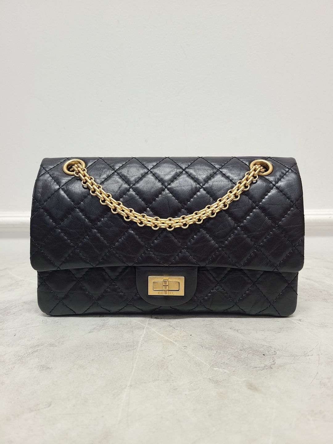 CHANEL Black Gold 2.55 Vintage Calfskin Flap Bag Medium 30 Series SKU