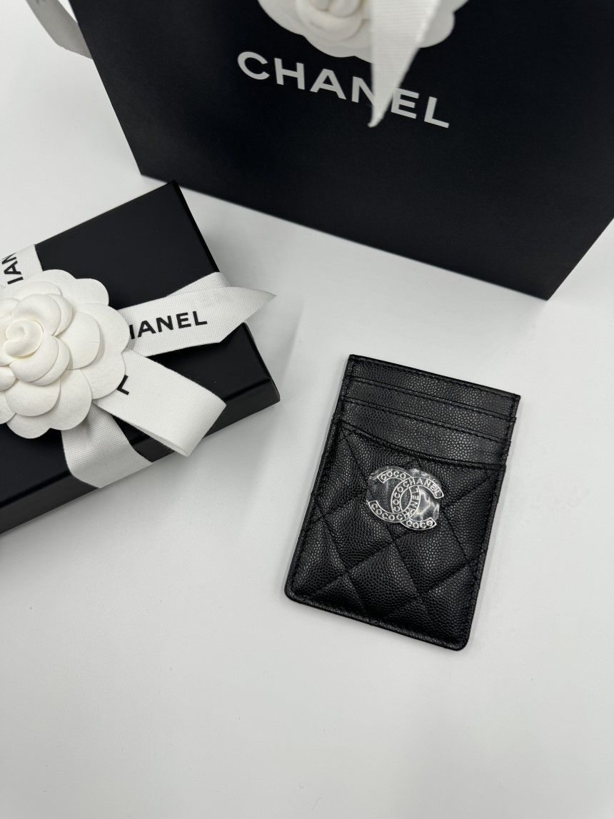 CHANEL Caviar Black Card Slot with Coco Lettering CC Logo 24P AP3835