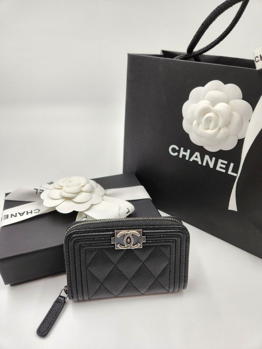 CHANEL Classic Boy Caviar Zipper Card Wallet A80602