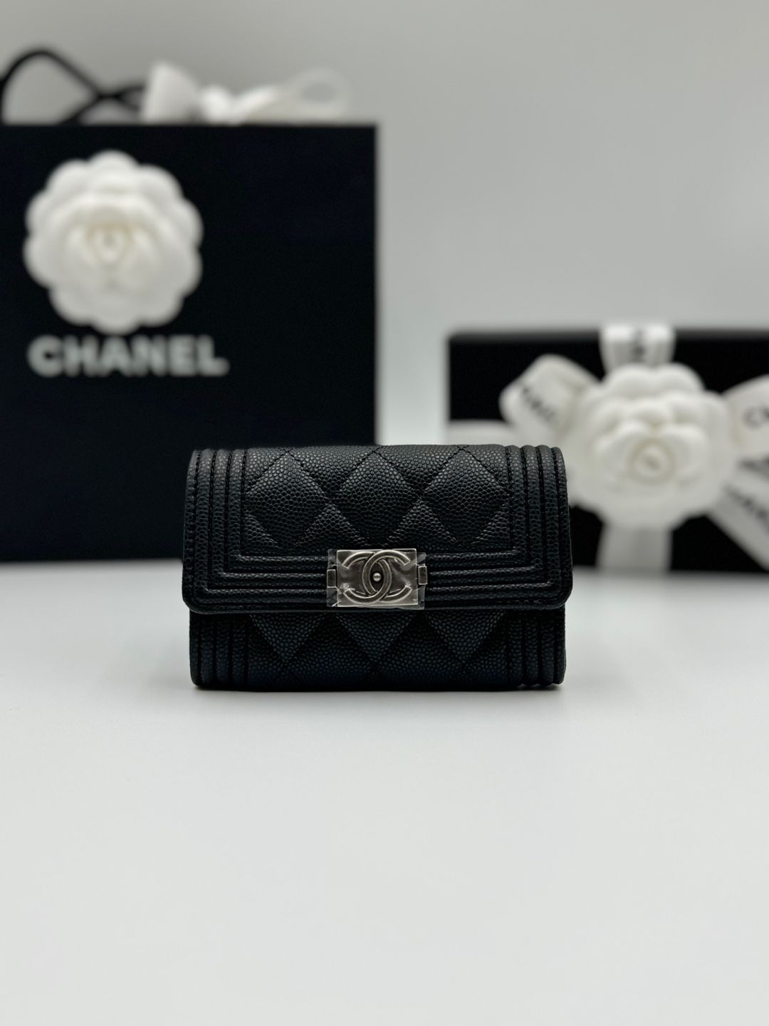 CHANEL Classic Card Wallet with Coin Pouch Black Silver A80603