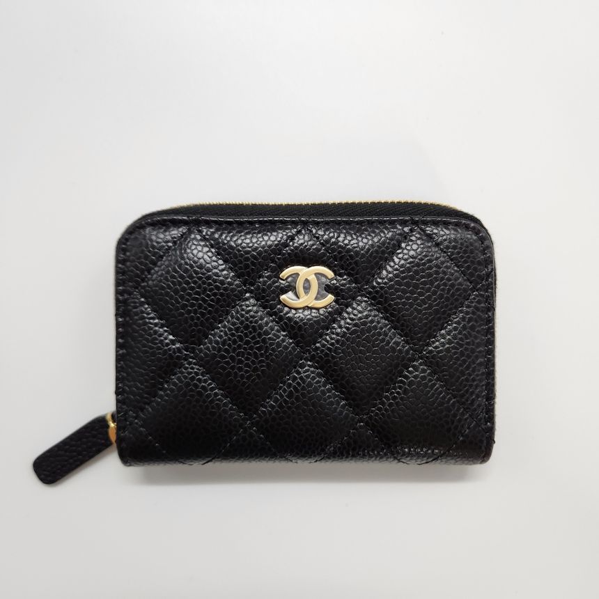 CHANEL Classic Zipper Card Wallet Caviar Black Gold AP0216