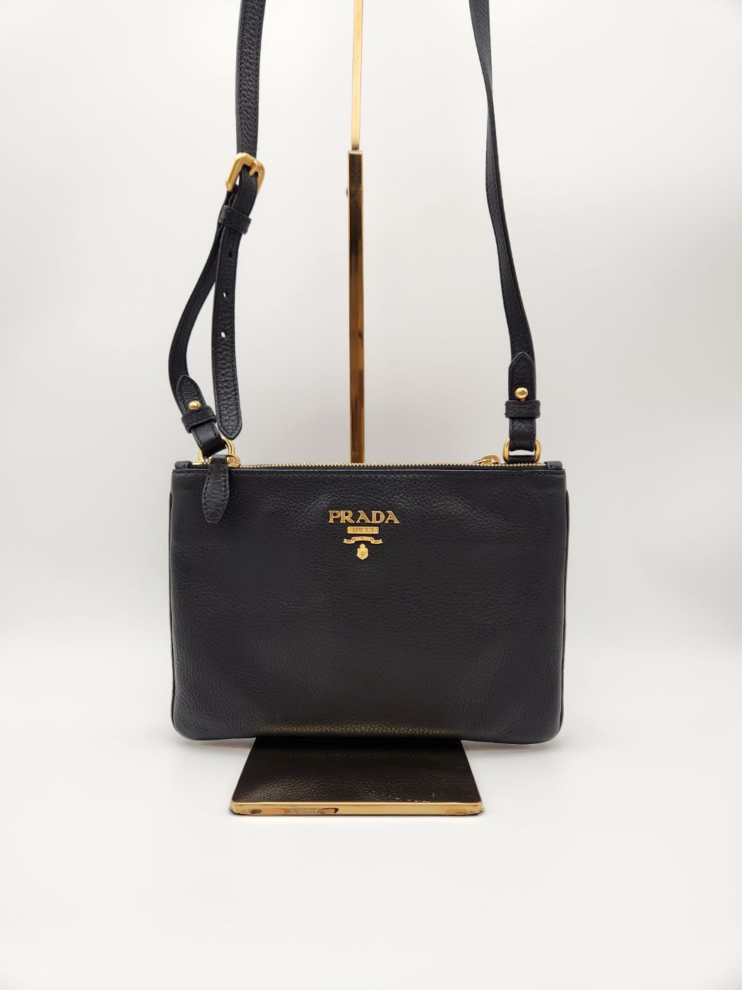 Prada Metal Logo Double Zip Crossbody Bag (1BH046)