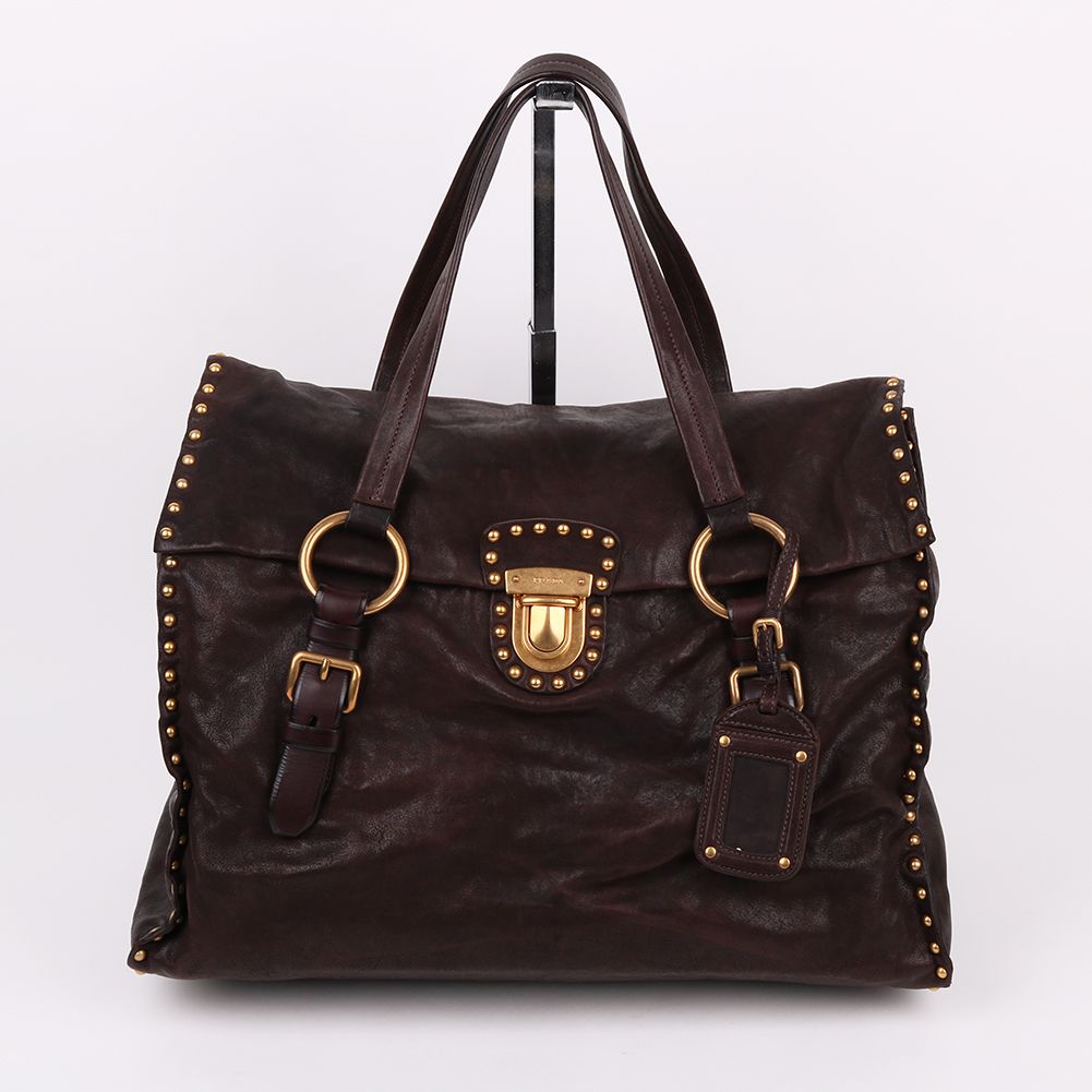 Prada Brown Stud Big Large Shoulder Bag BR4310