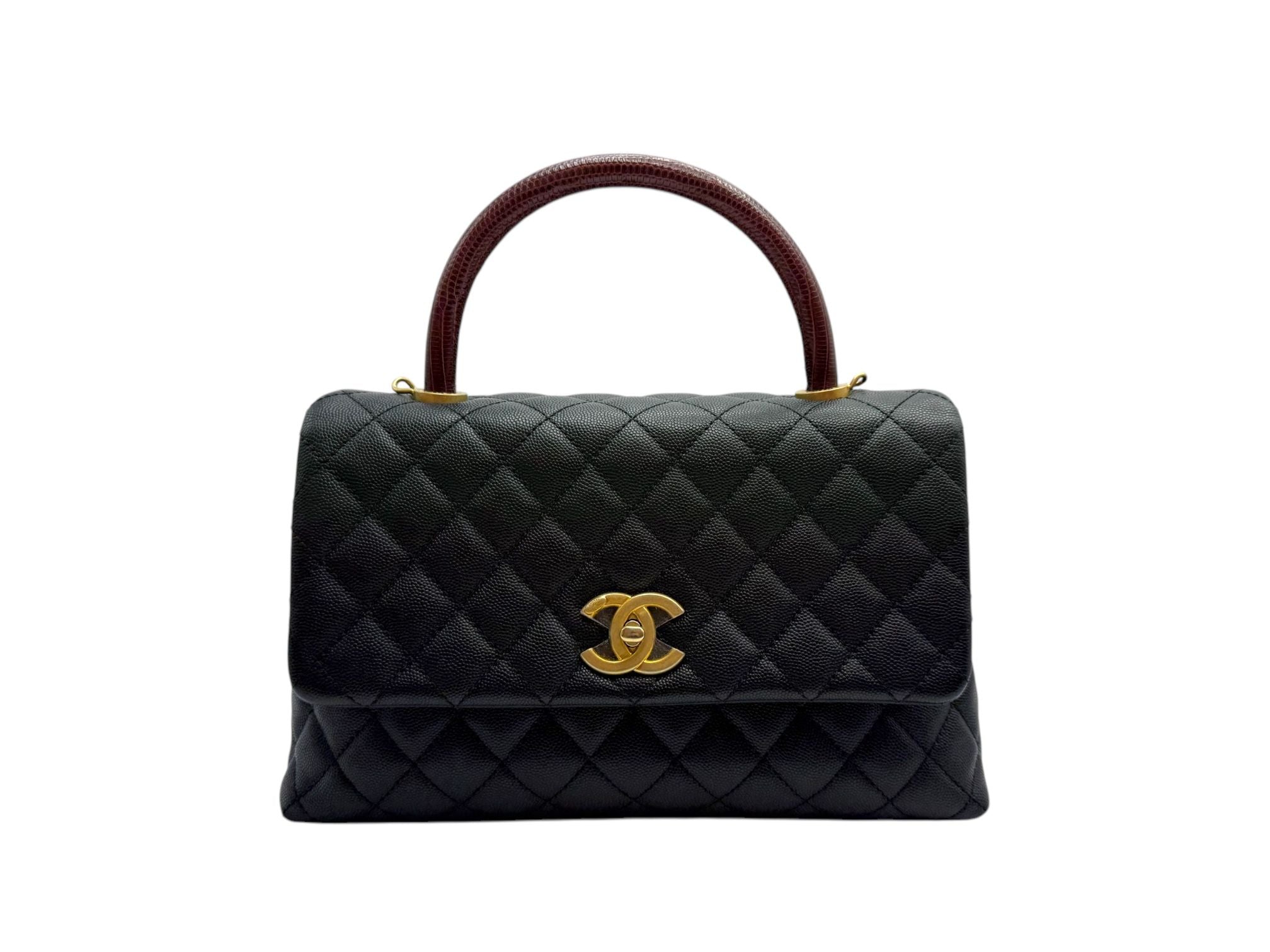 CHANEL Caviar Coco Handle Medium Burgundy Top Handle Bag A92991