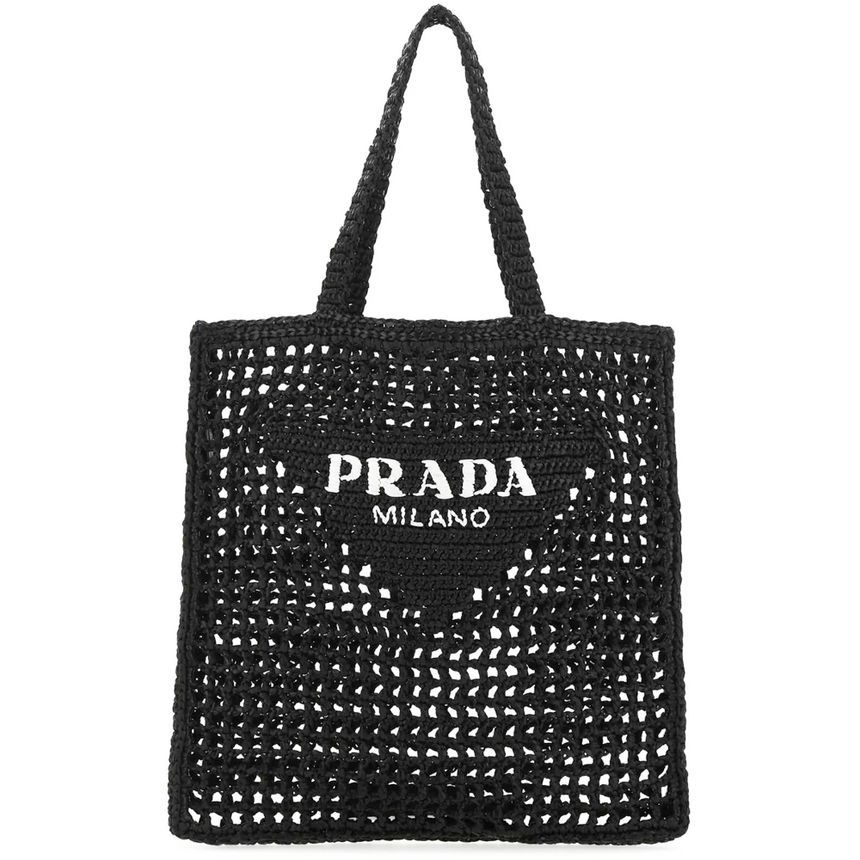 Prada Embroidered Crochet Tote Bag Black 1BG393 2C2T F0002