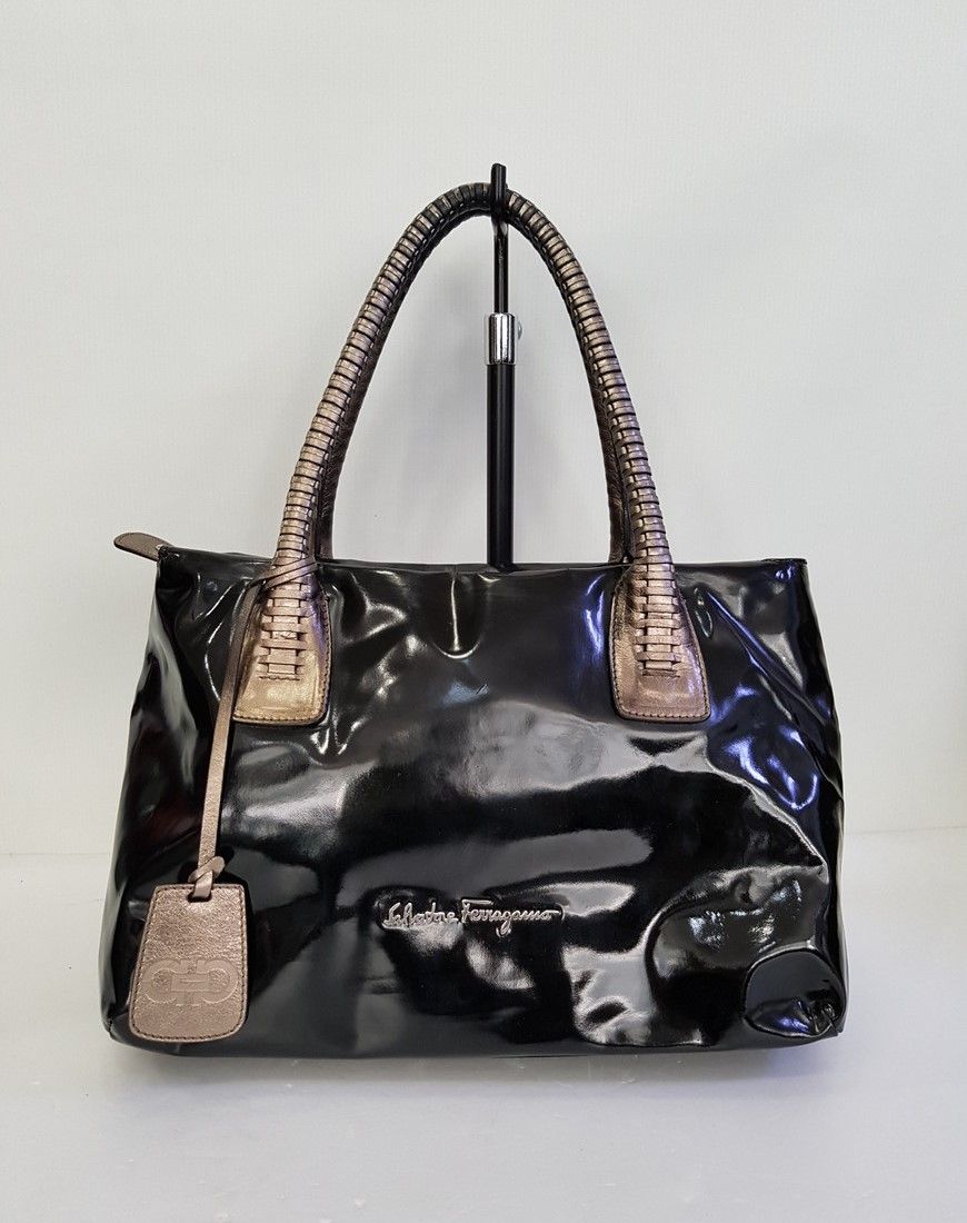 Salvatore Ferragamo Enamel Tote Shoulder Bag with SKU 123456